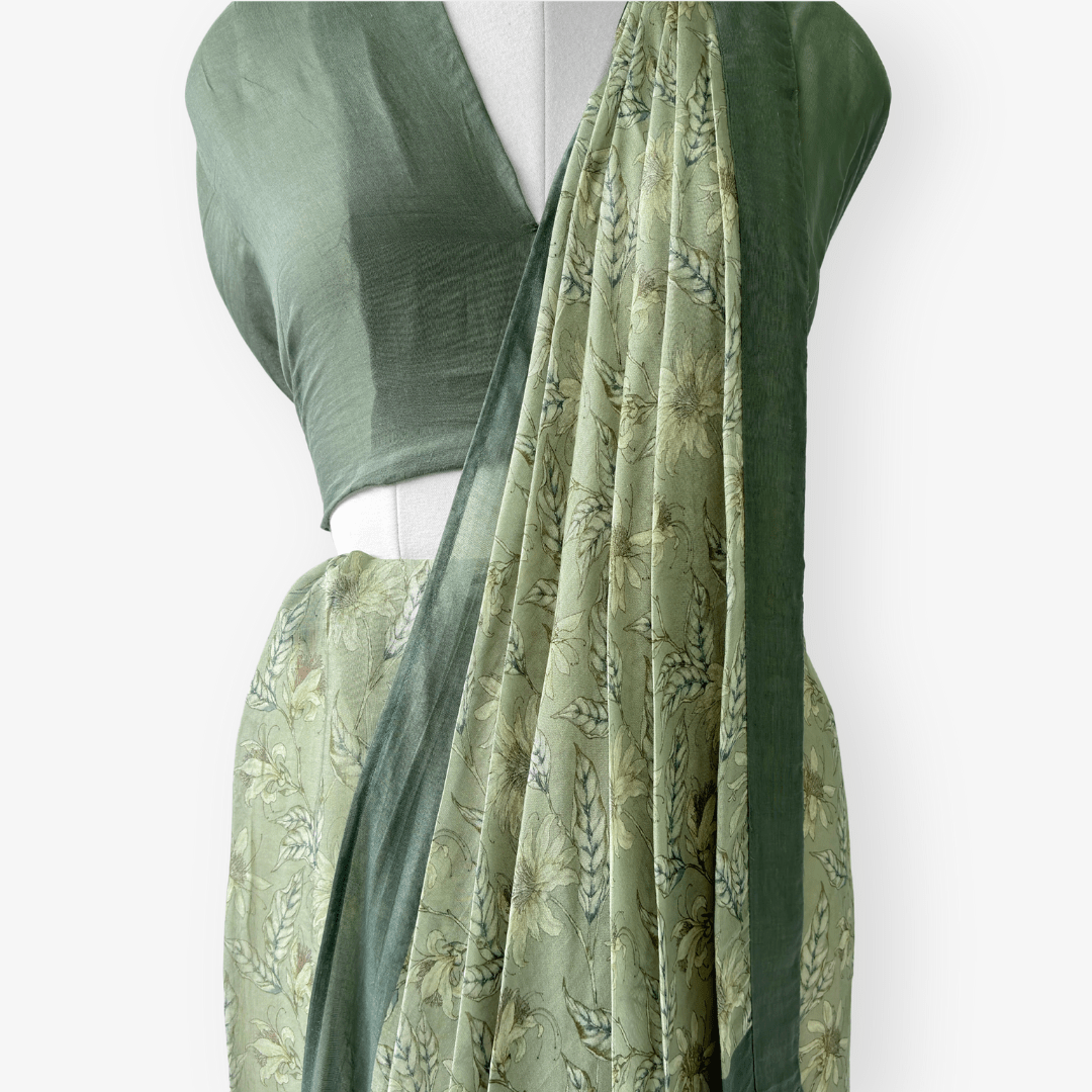 Munga Saree Saree Dusty Green Printed Soft Munga Saree With Unstitched Blouse Piece