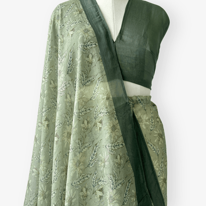 Munga Saree Saree Dusty Green Printed Soft Munga Saree With Unstitched Blouse Piece