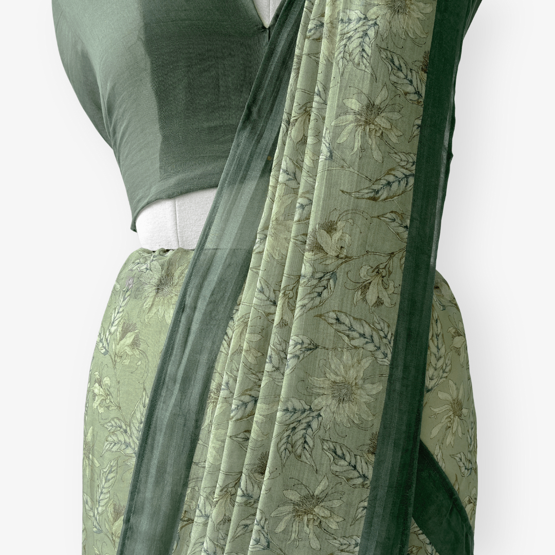 Munga Saree Saree Dusty Green Printed Soft Munga Saree With Unstitched Blouse Piece