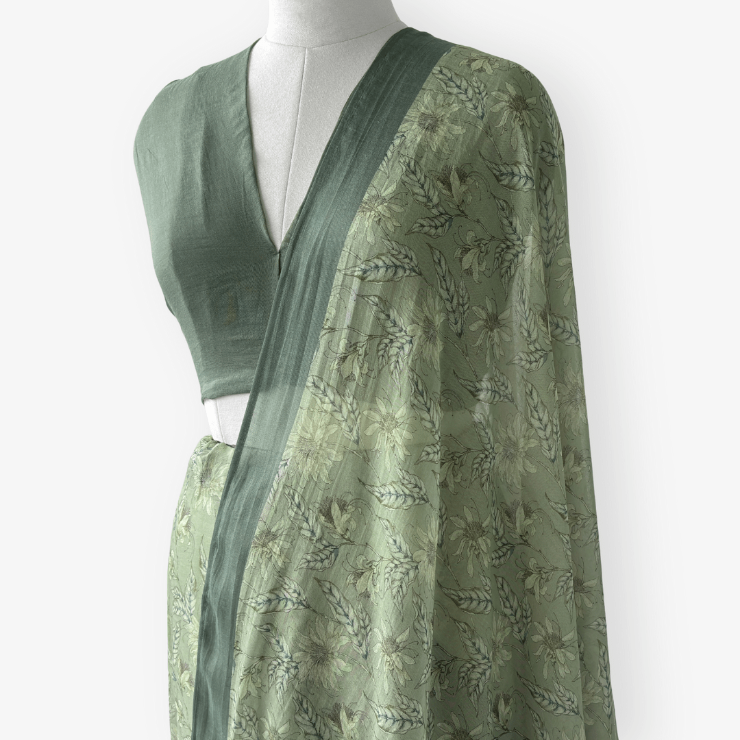 Munga Saree Saree Dusty Green Printed Soft Munga Saree With Unstitched Blouse Piece