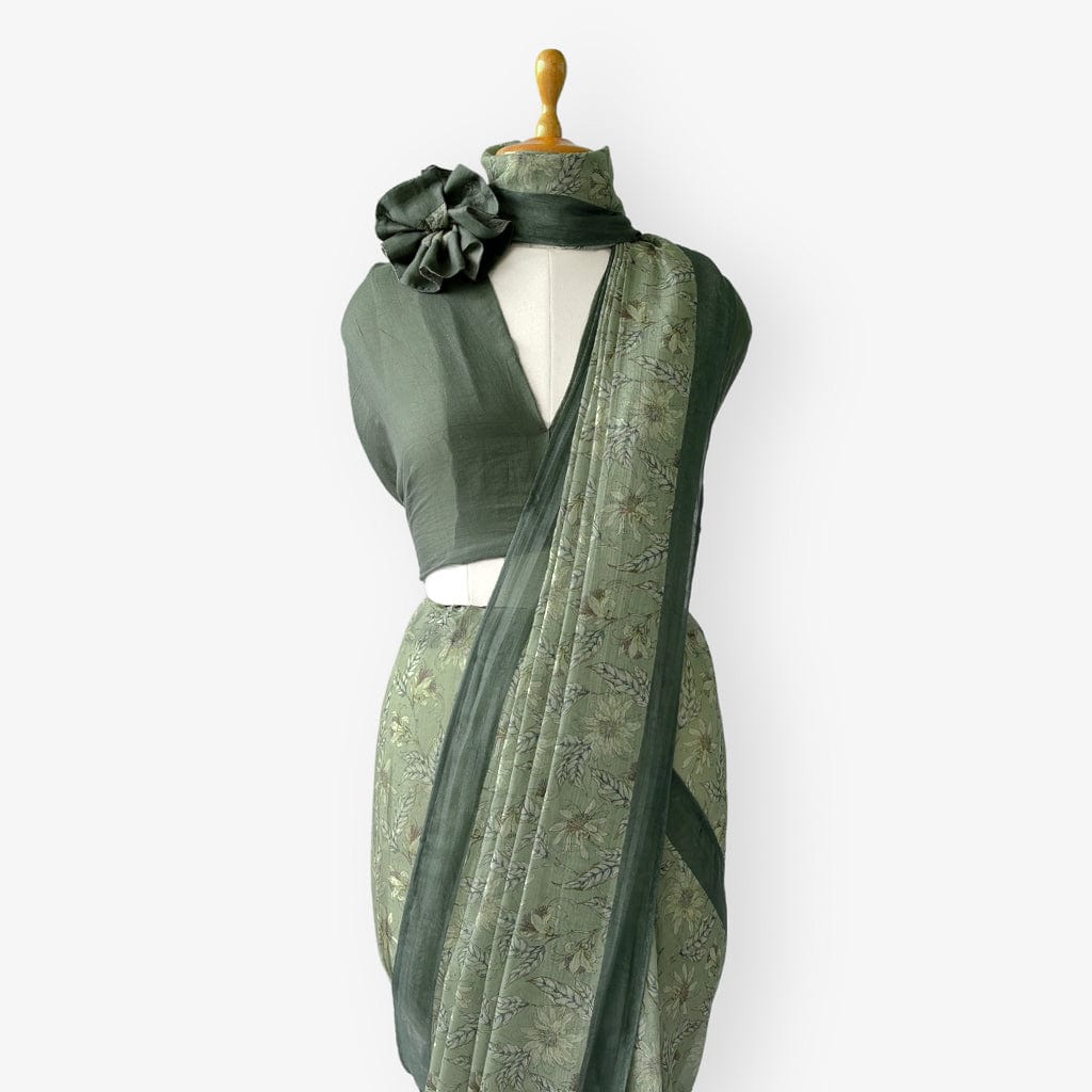 Munga Saree Saree Dusty Green Printed Soft Munga Saree With Unstitched Blouse Piece