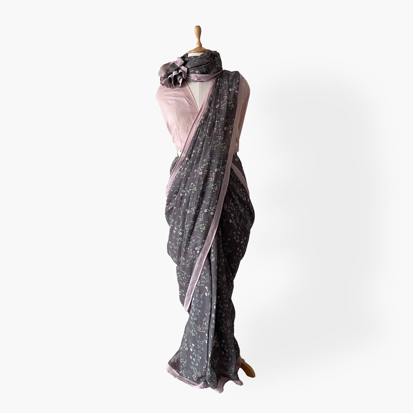 Munga Saree Saree Pink & Charcoal Grey Printed Soft Munga Saree