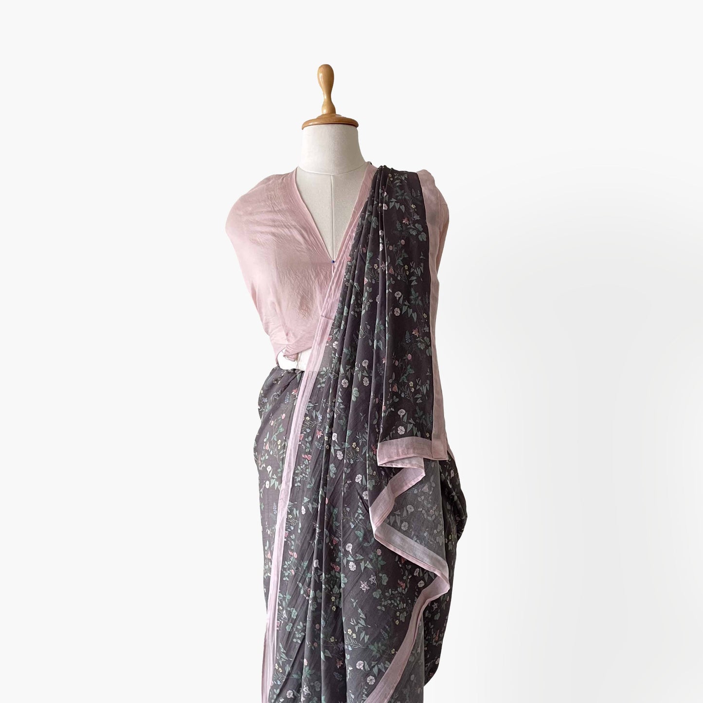 Munga Saree Saree Pink & Charcoal Grey Printed Soft Munga Saree