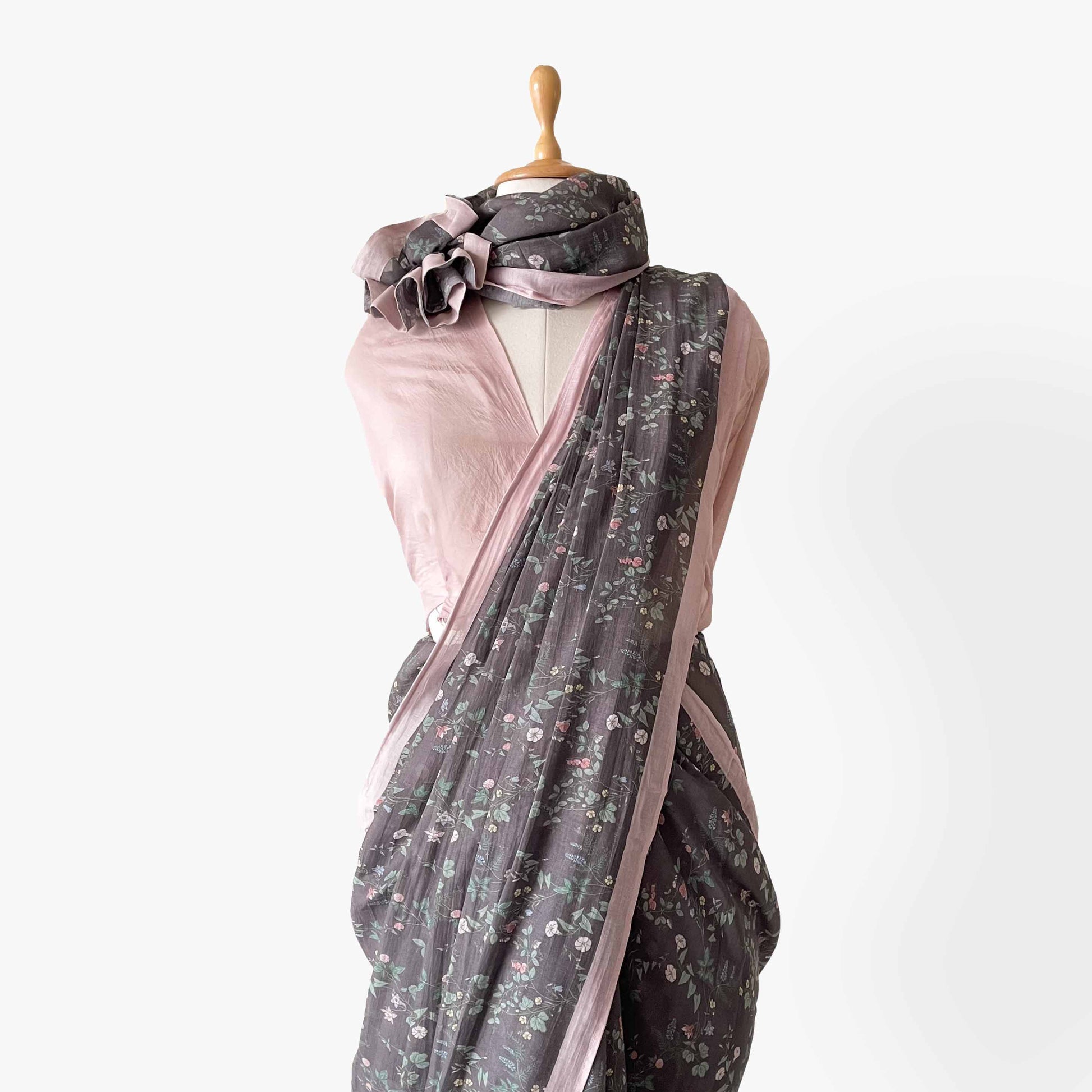 Munga Saree Saree Pink & Charcoal Grey Printed Soft Munga Saree