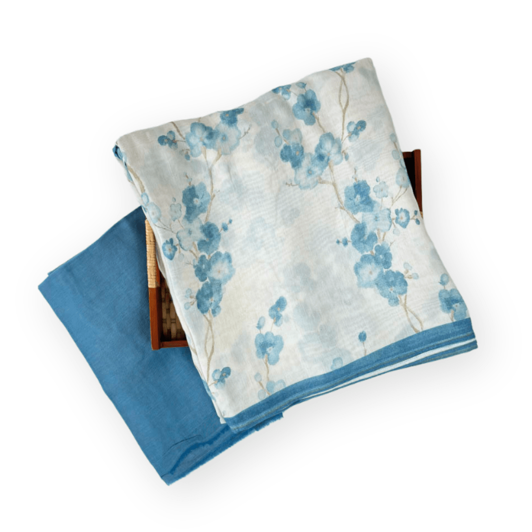 Munga Saree Saree Sky Blue & Cream Printed Soft Munga Saree With Unstitched Blouse Piece