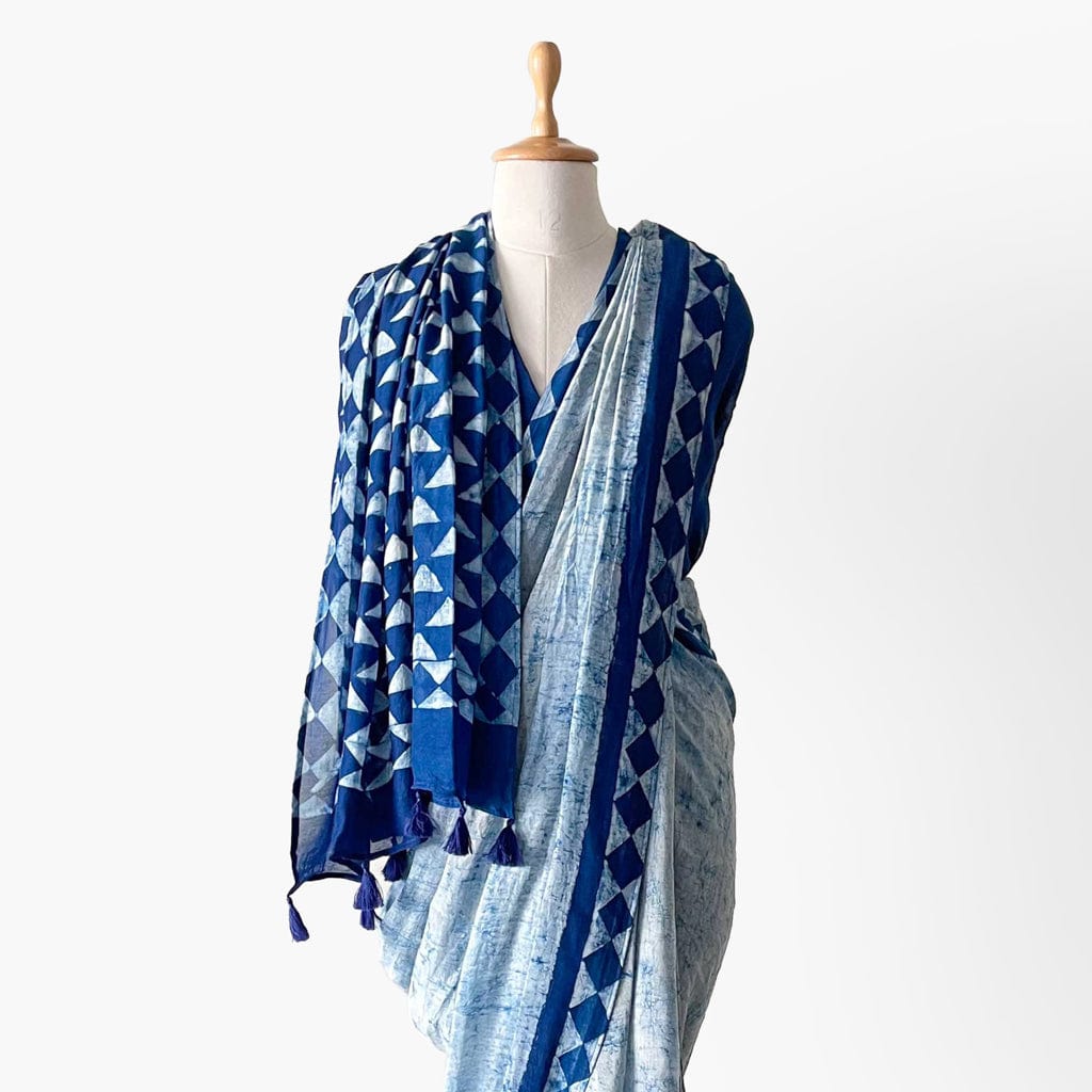 Munga Saree Saree The Indigo Story Large Triangles Hand Block Printed Soft Munga Saree With Unstitched Blouse Piece