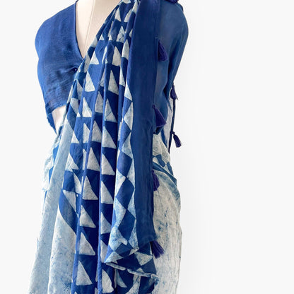 Munga Saree Saree The Indigo Story Large Triangles Hand Block Printed Soft Munga Saree With Unstitched Blouse Piece