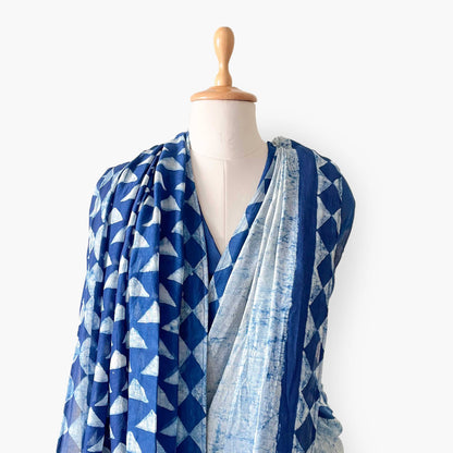 Munga Saree Saree The Indigo Story Large Triangles Hand Block Printed Soft Munga Saree With Unstitched Blouse Piece