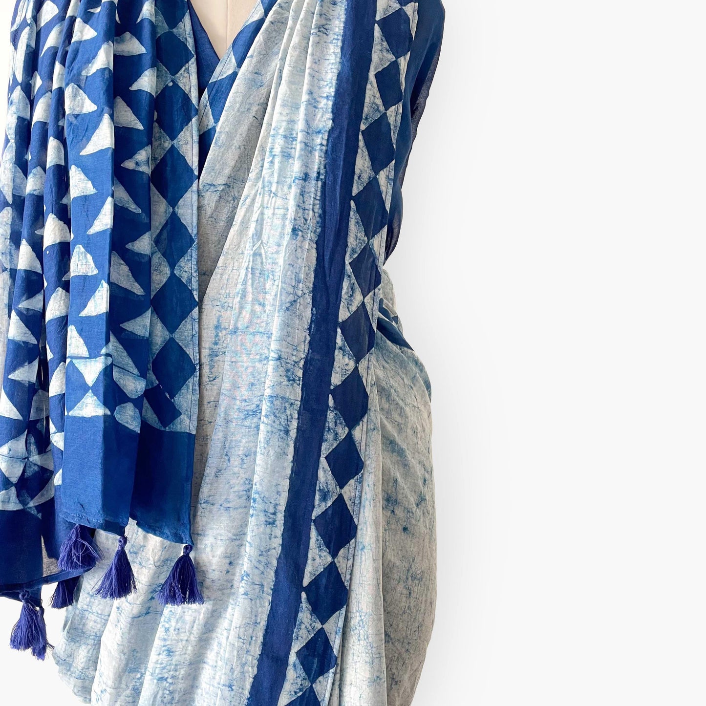 Munga Saree Saree The Indigo Story Large Triangles Hand Block Printed Soft Munga Saree With Unstitched Blouse Piece