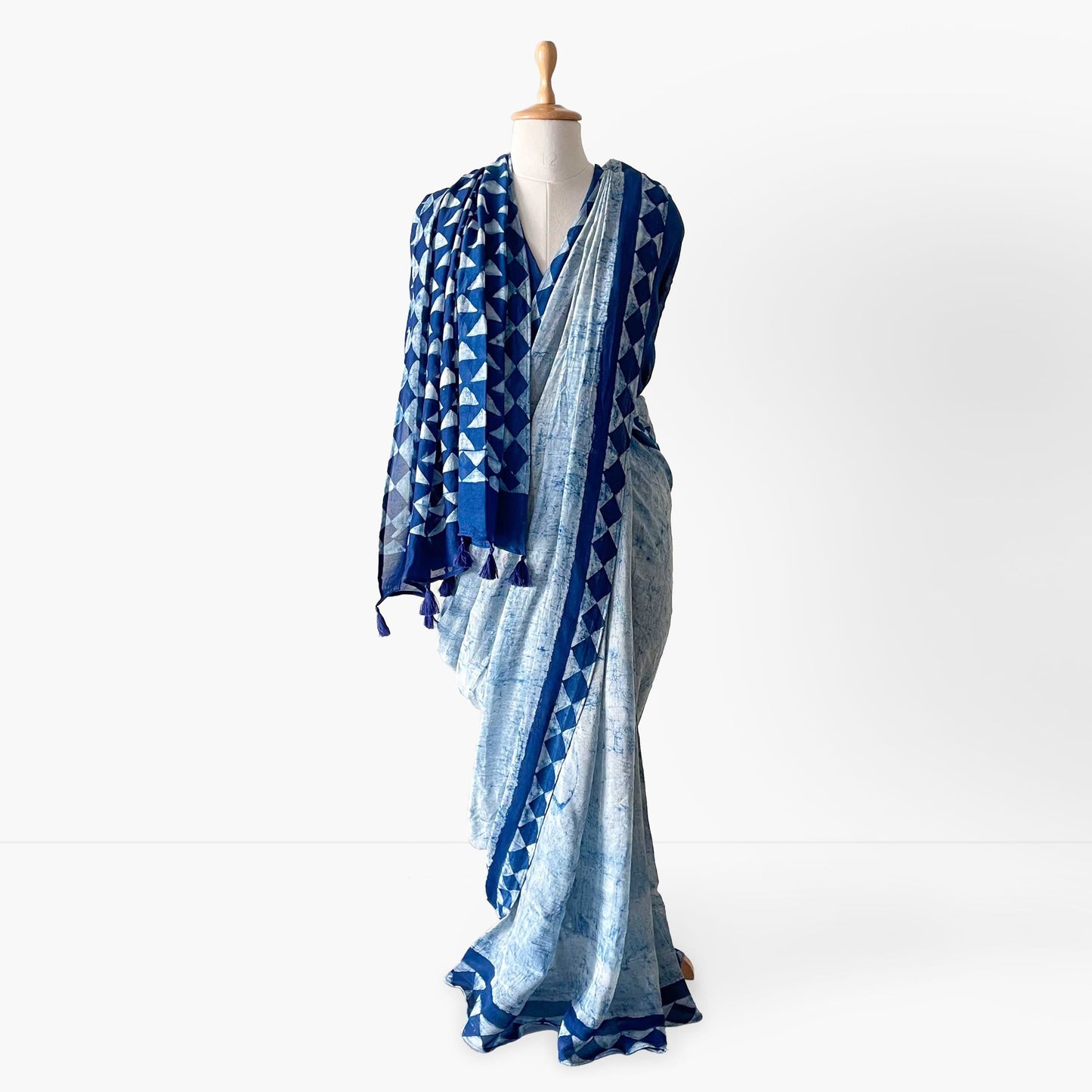 Munga Saree Saree The Indigo Story Large Triangles Hand Block Printed Soft Munga Saree With Unstitched Blouse Piece