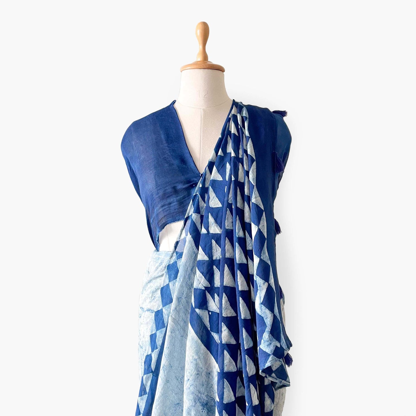 Munga Saree Saree The Indigo Story Large Triangles Hand Block Printed Soft Munga Saree With Unstitched Blouse Piece