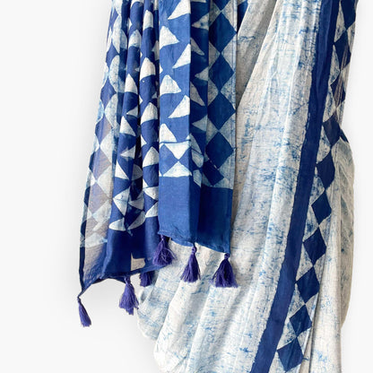 Munga Saree Saree The Indigo Story Large Triangles Hand Block Printed Soft Munga Saree With Unstitched Blouse Piece