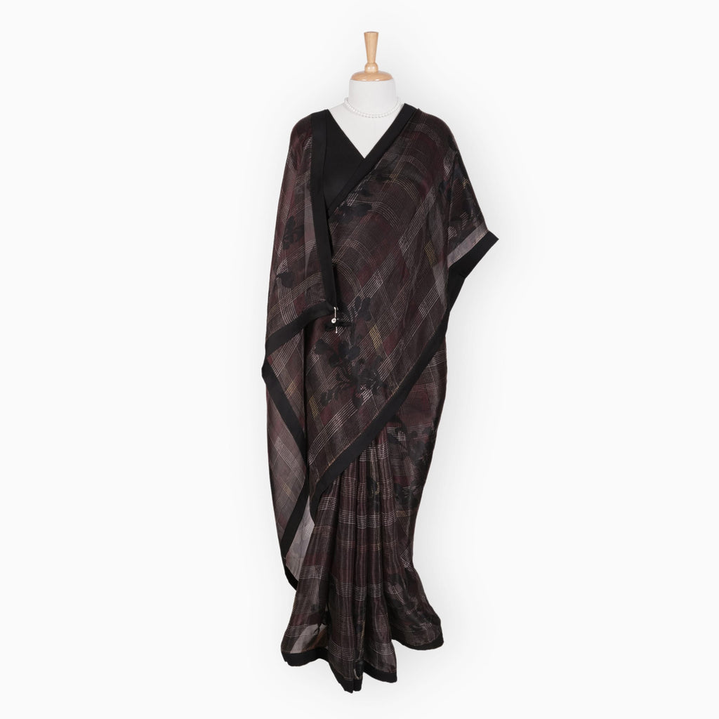 Organza Edit Saree Saree Carbon Black Organza Edit Modern Checks Printed Pure Tussar Organza Saree With Unstitched Blouse Piece