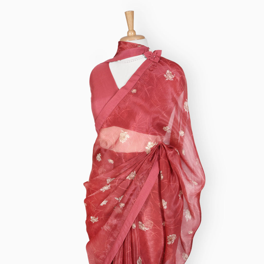 Organza Edit Saree Saree Crimson Red Organza Edit Floral Printed Pure Tussar Organza Saree With Unstitched Blouse Piece