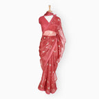 Organza Edit Saree Saree Crimson Red Organza Edit Floral Printed Pure Tussar Organza Saree With Unstitched Blouse Piece