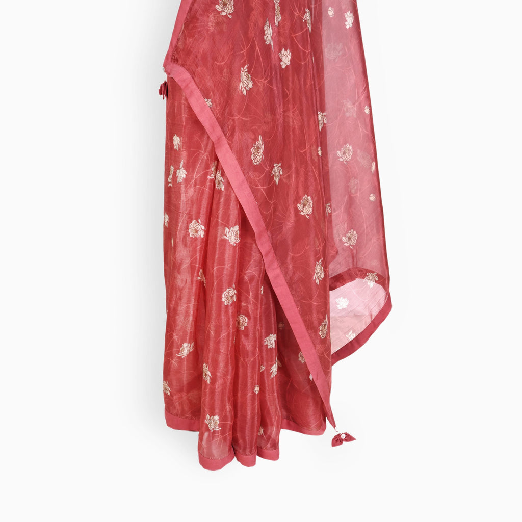 Organza Edit Saree Saree Crimson Red Organza Edit Floral Printed Pure Tussar Organza Saree With Unstitched Blouse Piece