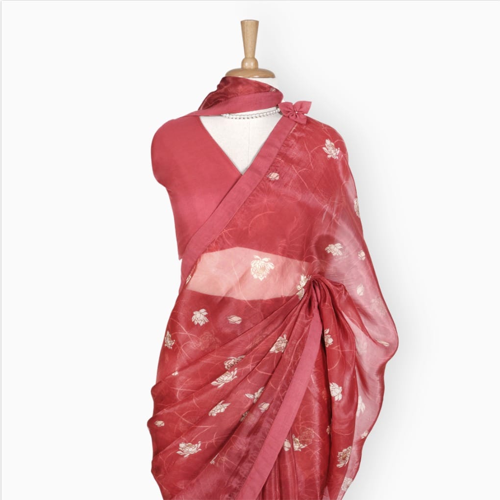 Organza Edit Saree Saree Crimson Red Organza Edit Floral Printed Pure Tussar Organza Saree With Unstitched Blouse Piece