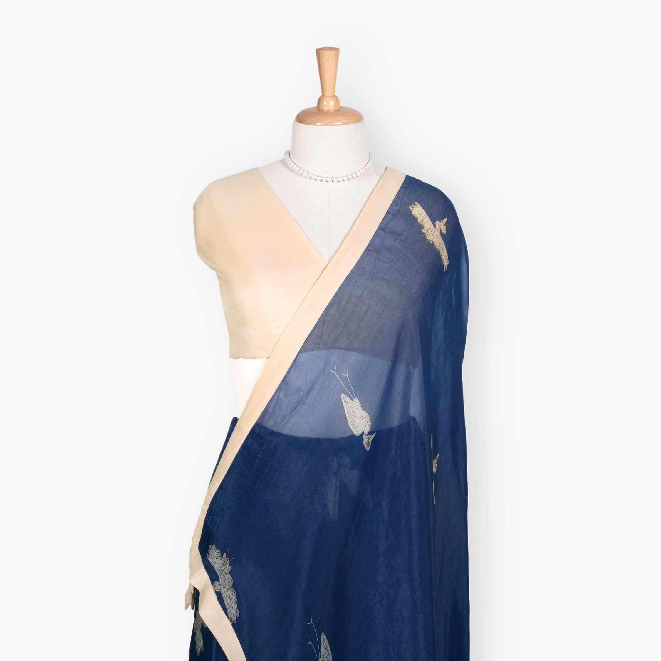 Organza Edit Saree Saree Dark Blue Organza Edit Flight of Cranes Printed Pure Tussar Organza Saree With Unstitched Blouse Piece