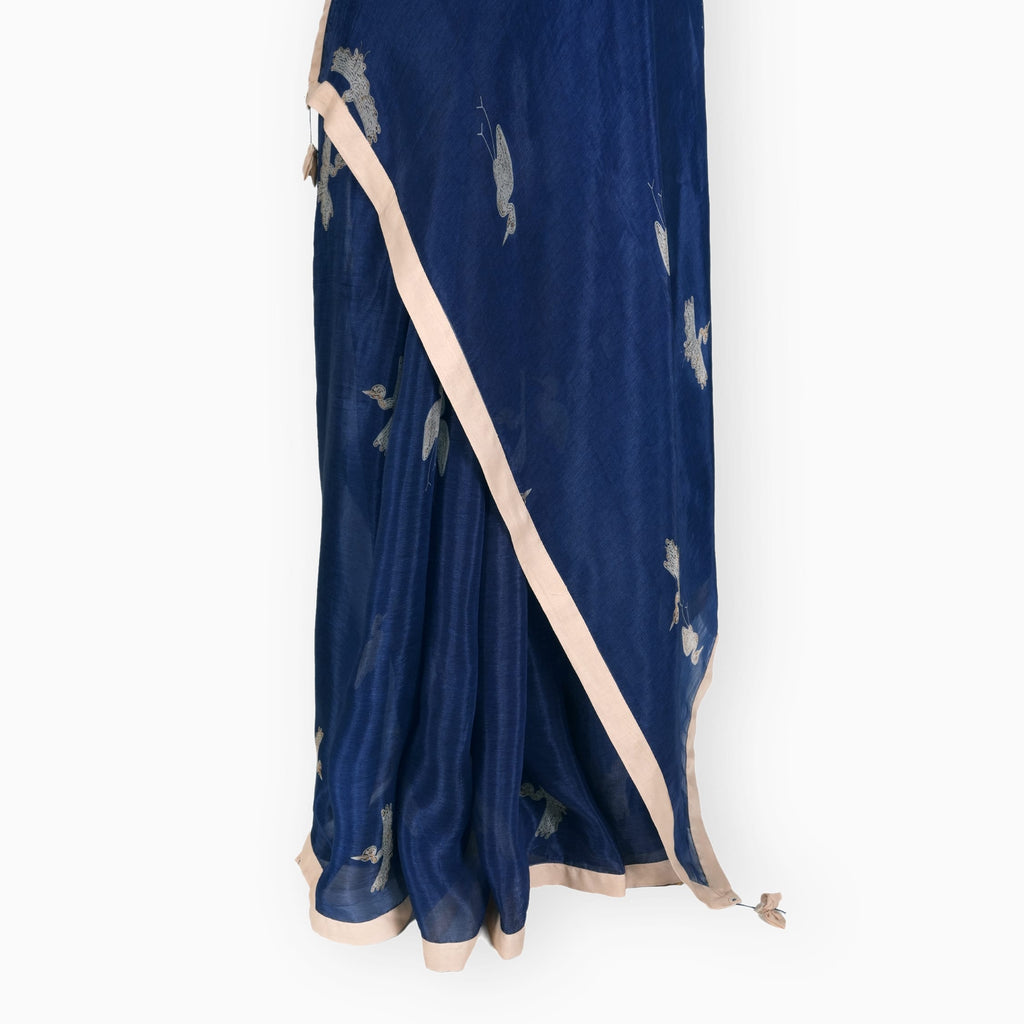 Organza Edit Saree Saree Dark Blue Organza Edit Flight of Cranes Printed Pure Tussar Organza Saree With Unstitched Blouse Piece