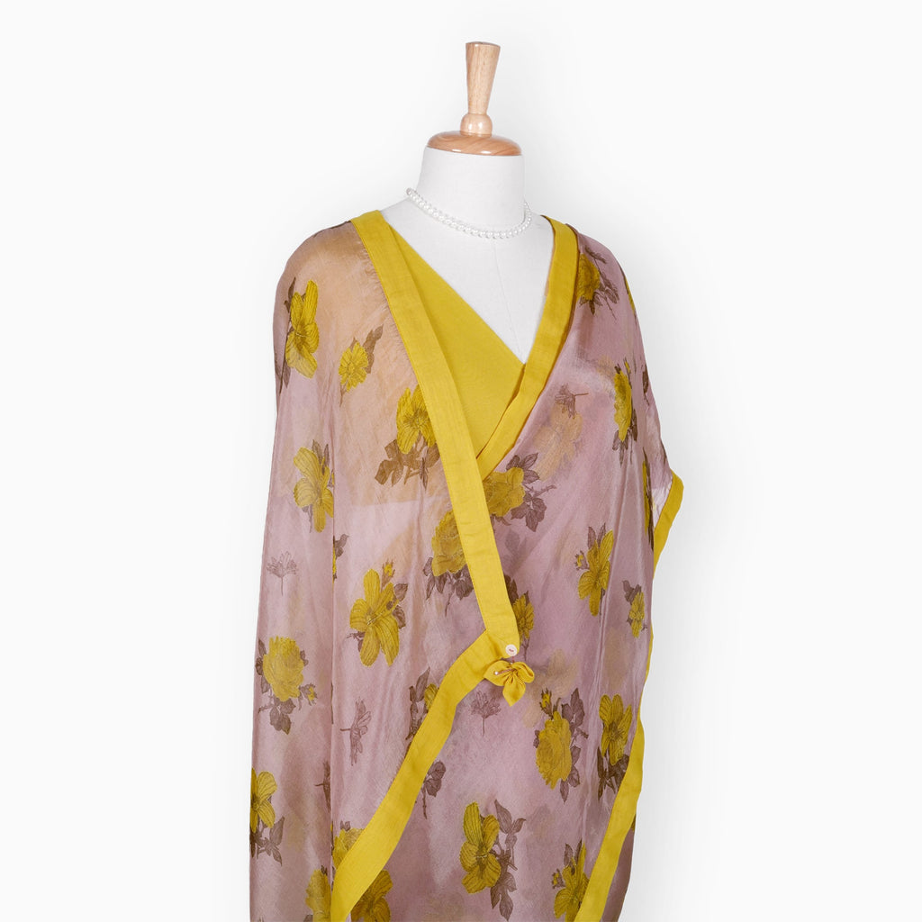 Organza Edit Saree Saree Dusty Pink & Yellow Organza Edit Hibiscus Bloom Printed Pure Tussar Organza Saree With Unstitched Blouse Piece