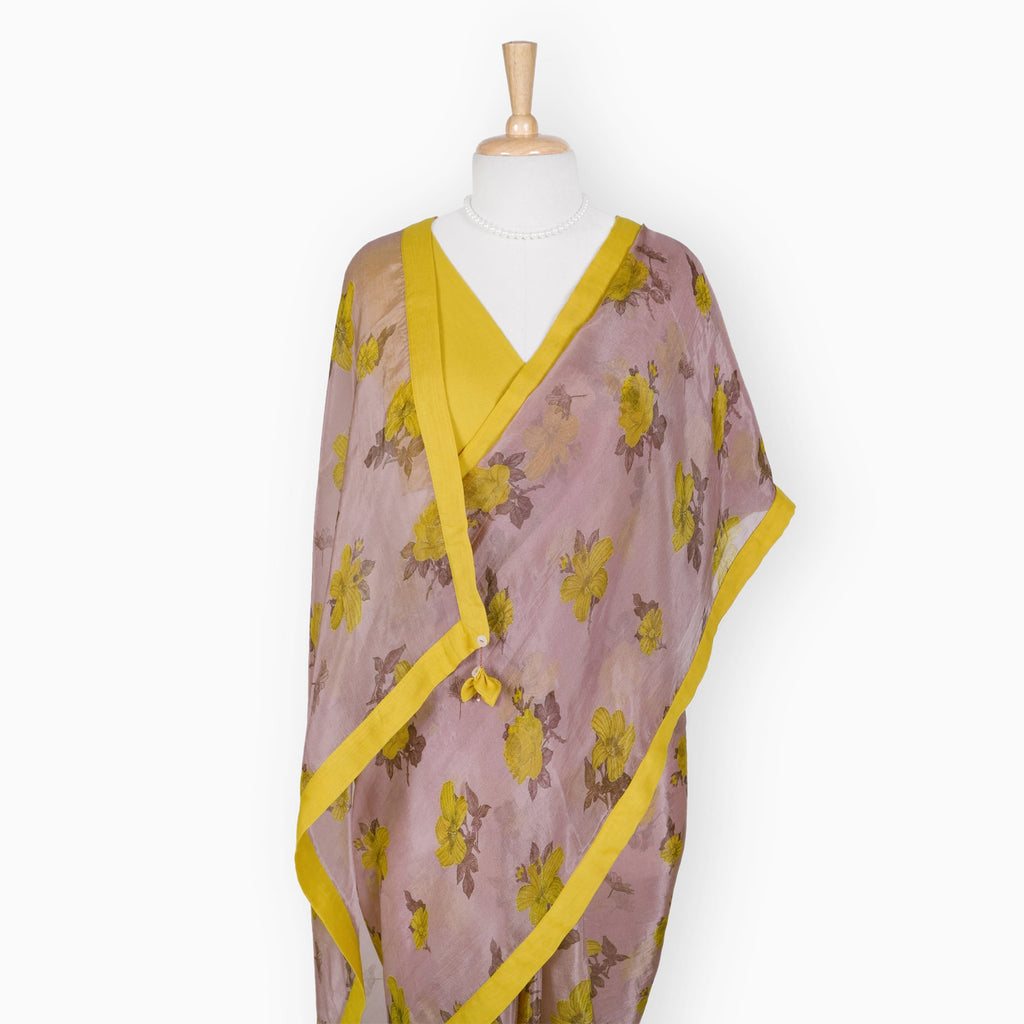 Organza Edit Saree Saree Dusty Pink & Yellow Organza Edit Hibiscus Bloom Printed Pure Tussar Organza Saree With Unstitched Blouse Piece
