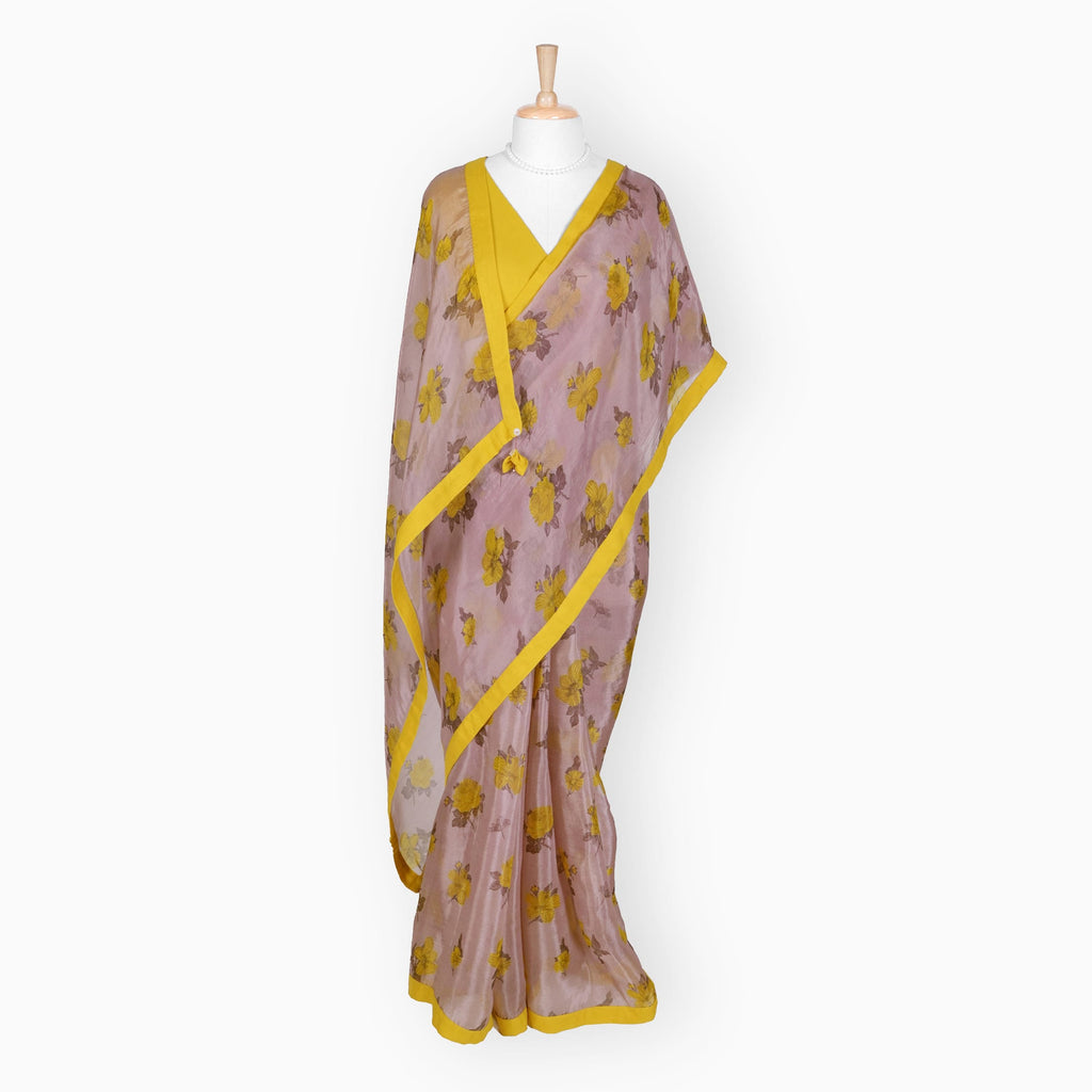 Organza Edit Saree Saree Dusty Pink & Yellow Organza Edit Hibiscus Bloom Printed Pure Tussar Organza Saree With Unstitched Blouse Piece