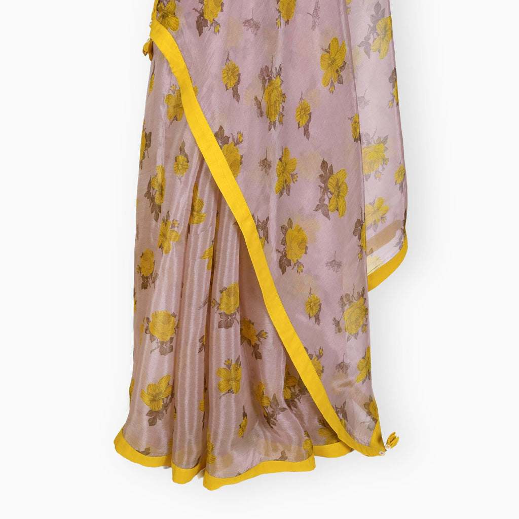 Organza Edit Saree Saree Dusty Pink & Yellow Organza Edit Hibiscus Bloom Printed Pure Tussar Organza Saree With Unstitched Blouse Piece
