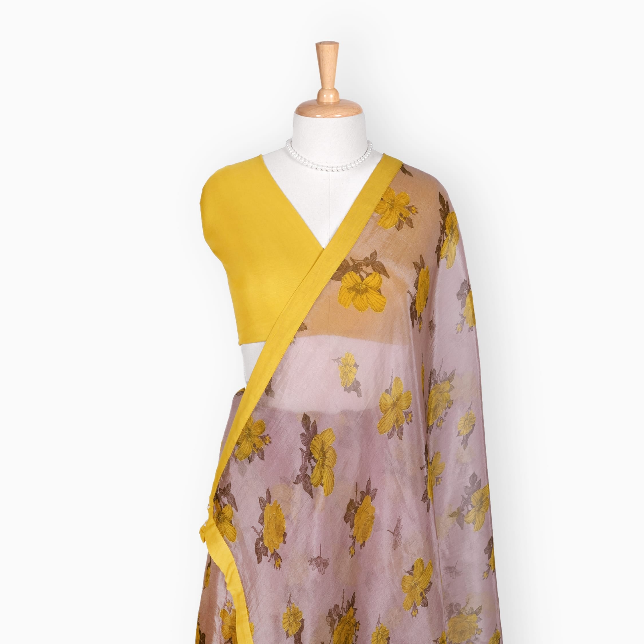Organza Edit Saree Saree Dusty Pink & Yellow Organza Edit Hibiscus Bloom Printed Pure Tussar Organza Saree With Unstitched Blouse Piece