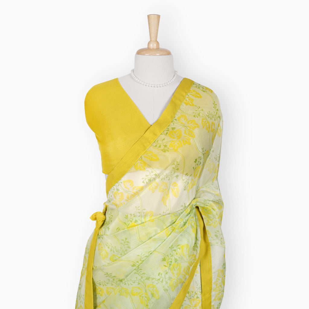 Organza Edit Saree Saree Lime Green & Yellow Organza Edit Floral Vines Printed Pure Tussar Organza Saree With Unstitched Blouse Piece