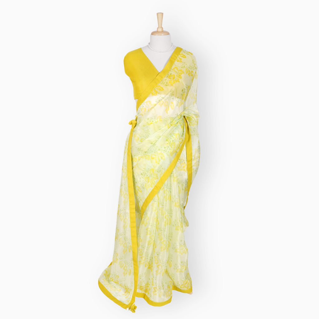 Organza Edit Saree Saree Lime Green & Yellow Organza Edit Floral Vines Printed Pure Tussar Organza Saree With Unstitched Blouse Piece