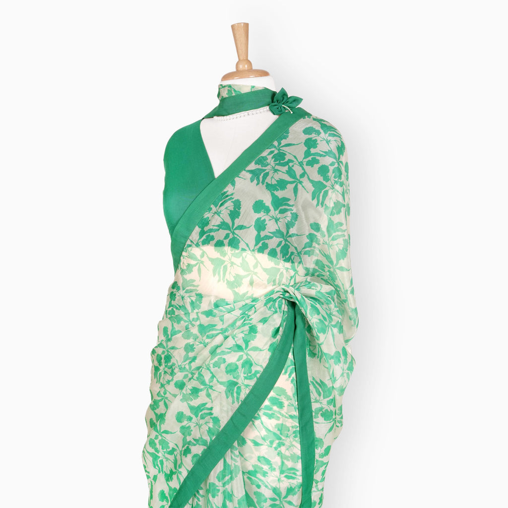 Organza Edit Saree Saree Off-White & Green Organza Edit Floral Vines Printed Pure Tussar Organza Saree With Unstitched Blouse Piece