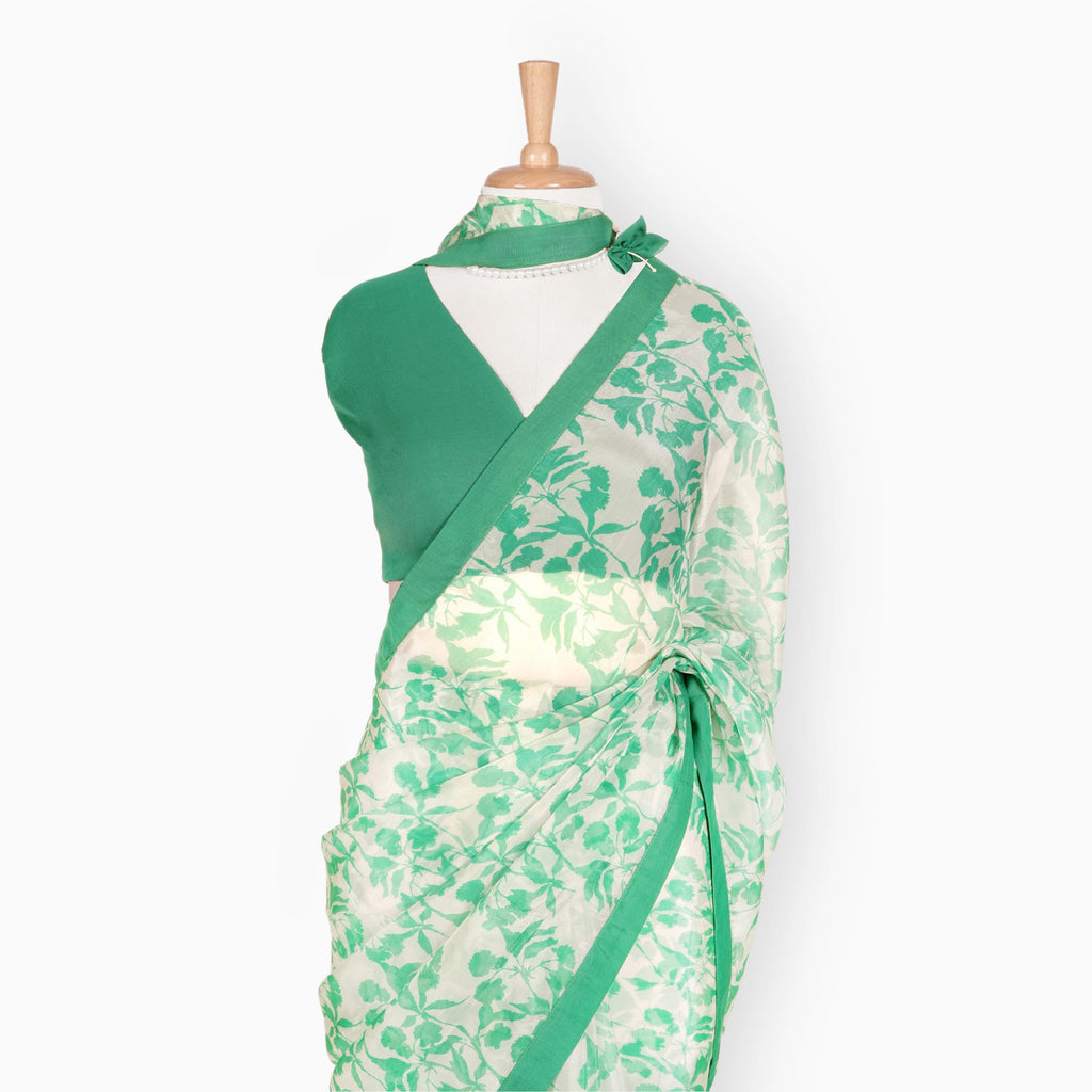 Organza Edit Saree Saree Off-White & Green Organza Edit Floral Vines Printed Pure Tussar Organza Saree With Unstitched Blouse Piece