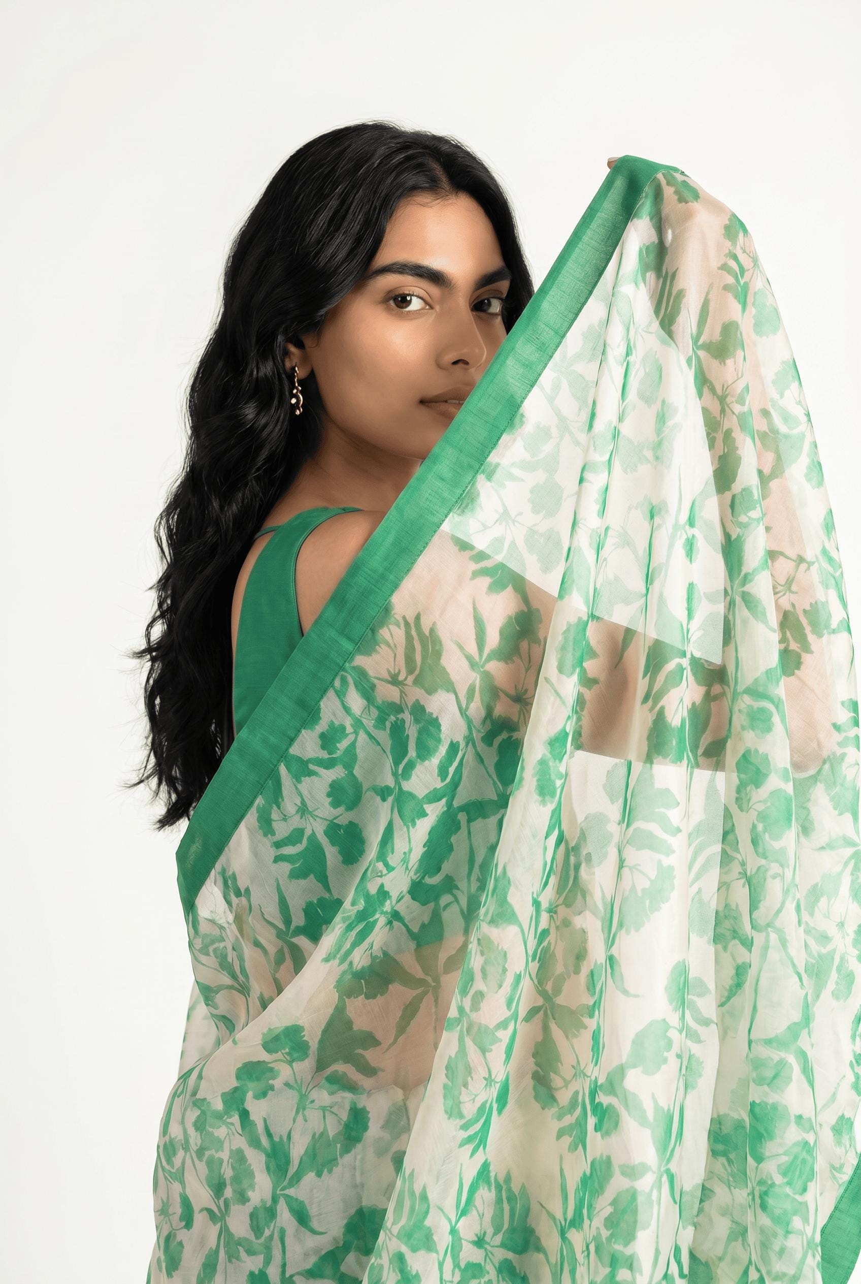 Organza Edit Saree Saree Off-White & Green Tussar Organza Saree
