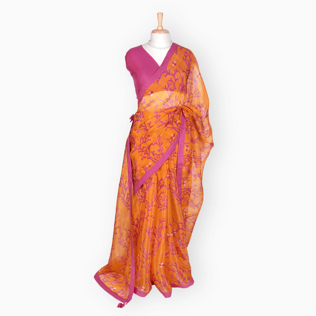 Organza Edit Saree Saree Orange & Pink Organza Edit Blooming Vines Printed Pure Tussar Organza Saree With Unstitched Blouse Piece