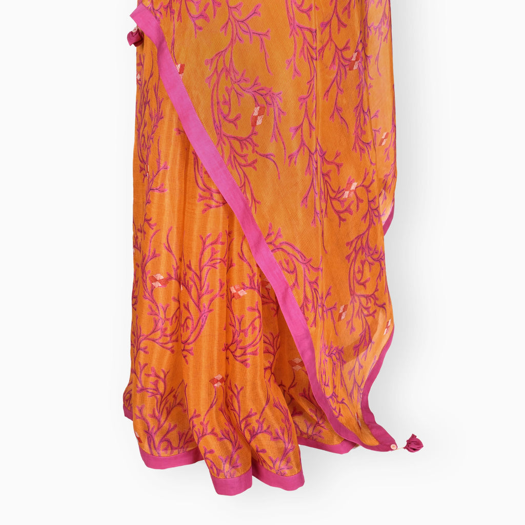 Organza Edit Saree Saree Orange & Pink Organza Edit Blooming Vines Printed Pure Tussar Organza Saree With Unstitched Blouse Piece