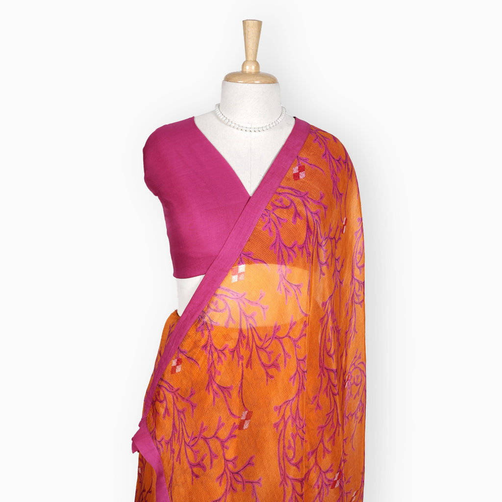 Organza Edit Saree Saree Orange & Pink Organza Edit Blooming Vines Printed Pure Tussar Organza Saree With Unstitched Blouse Piece