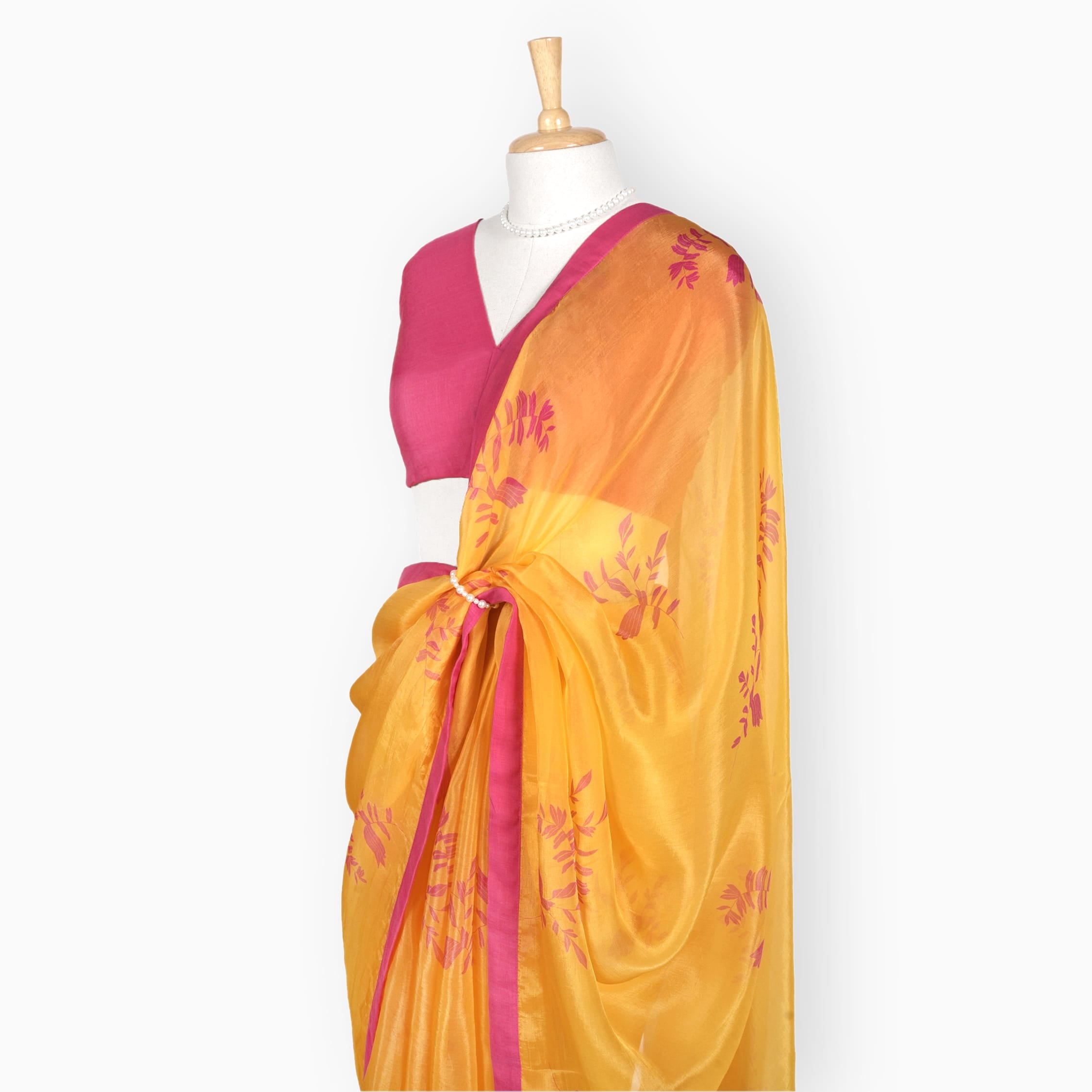 Organza Edit Saree Saree Summer Yellow & Pink Organza Edit Autumn Leaves Printed Pure Tussar Organza Saree With Unstitched Blouse Piece