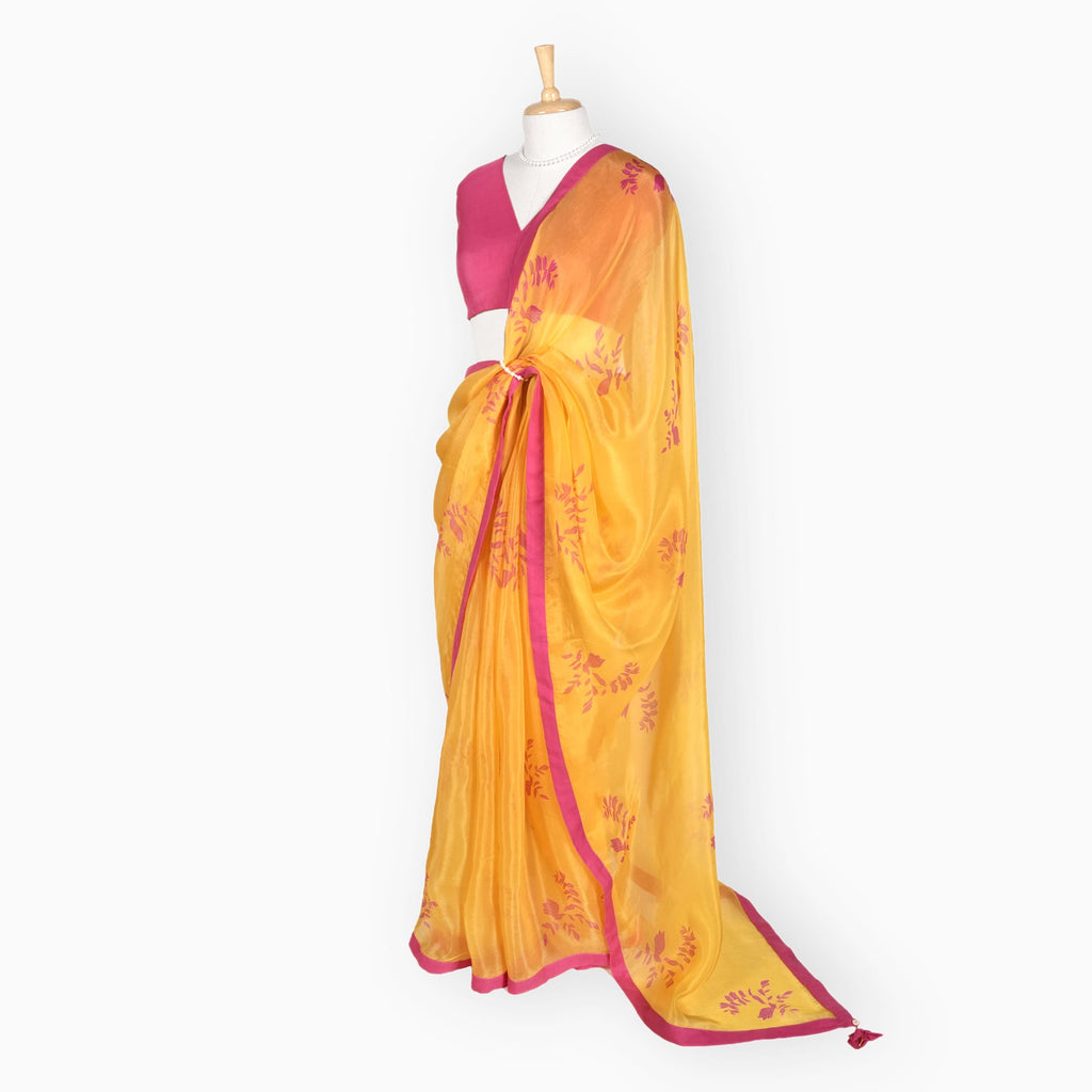 Organza Edit Saree Saree Summer Yellow & Pink Organza Edit Autumn Leaves Printed Pure Tussar Organza Saree With Unstitched Blouse Piece