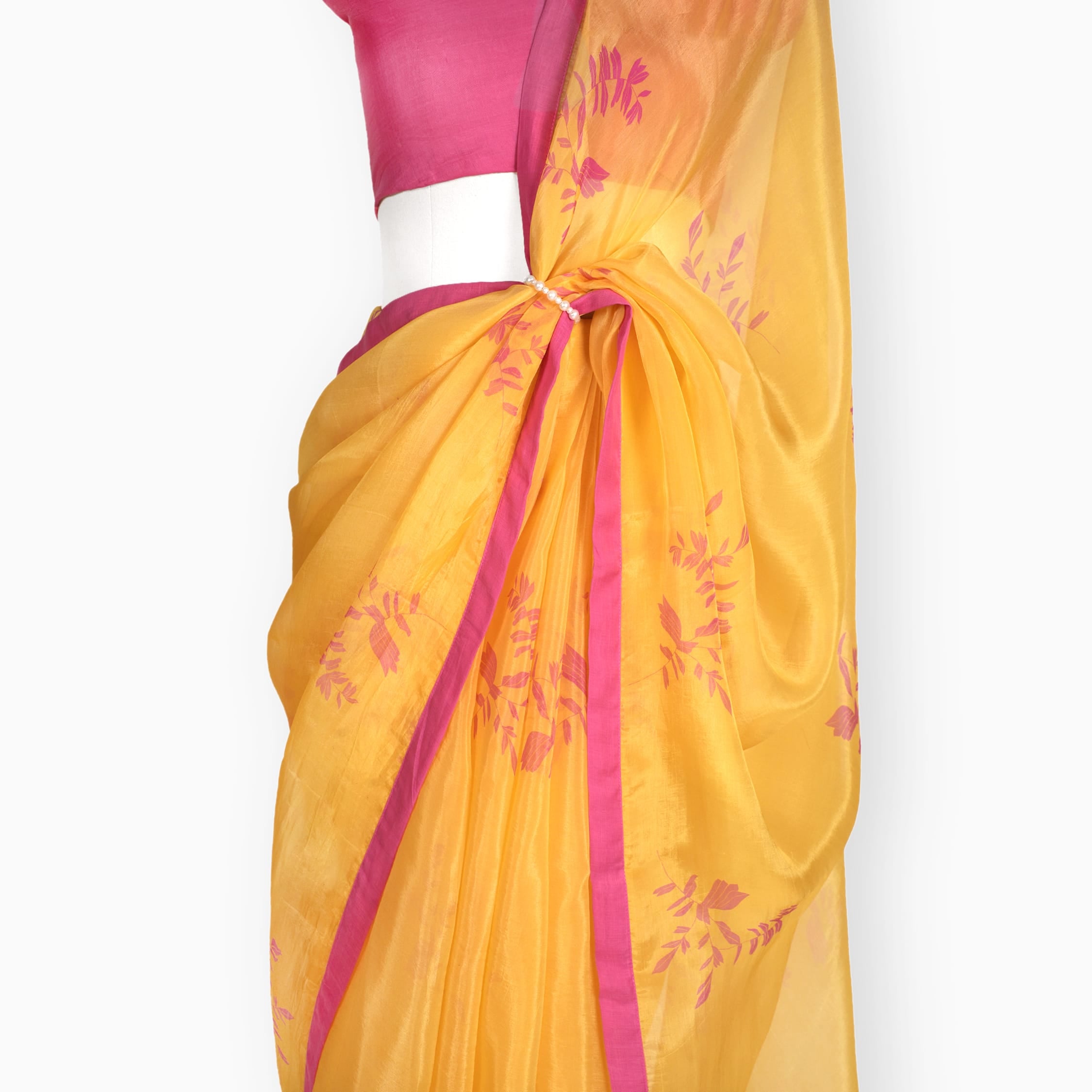 Organza Edit Saree Saree Summer Yellow & Pink Organza Edit Autumn Leaves Printed Pure Tussar Organza Saree With Unstitched Blouse Piece