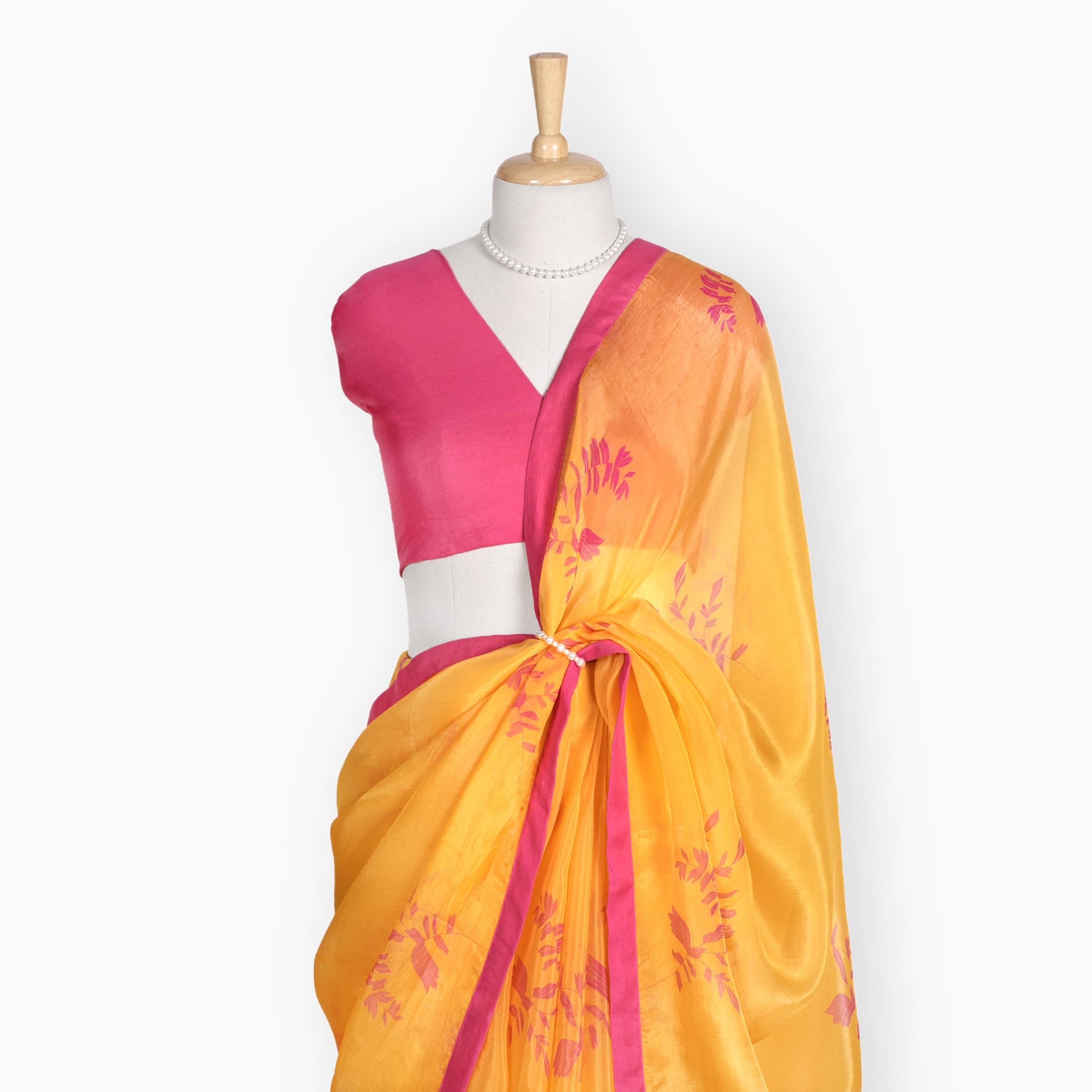 Organza Edit Saree Saree Summer Yellow & Pink Organza Edit Autumn Leaves Printed Pure Tussar Organza Saree With Unstitched Blouse Piece
