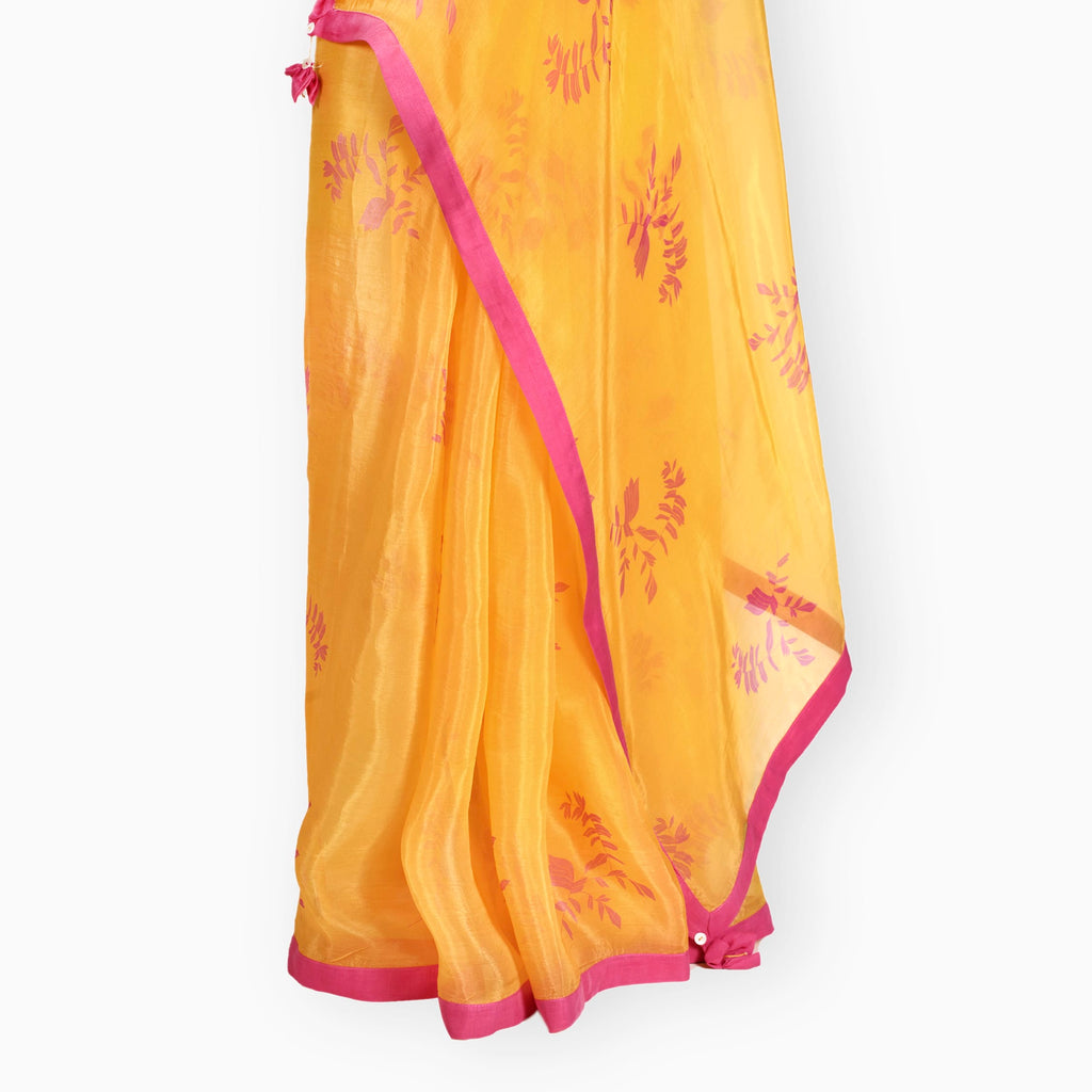 Organza Edit Saree Saree Summer Yellow & Pink Organza Edit Autumn Leaves Printed Pure Tussar Organza Saree With Unstitched Blouse Piece