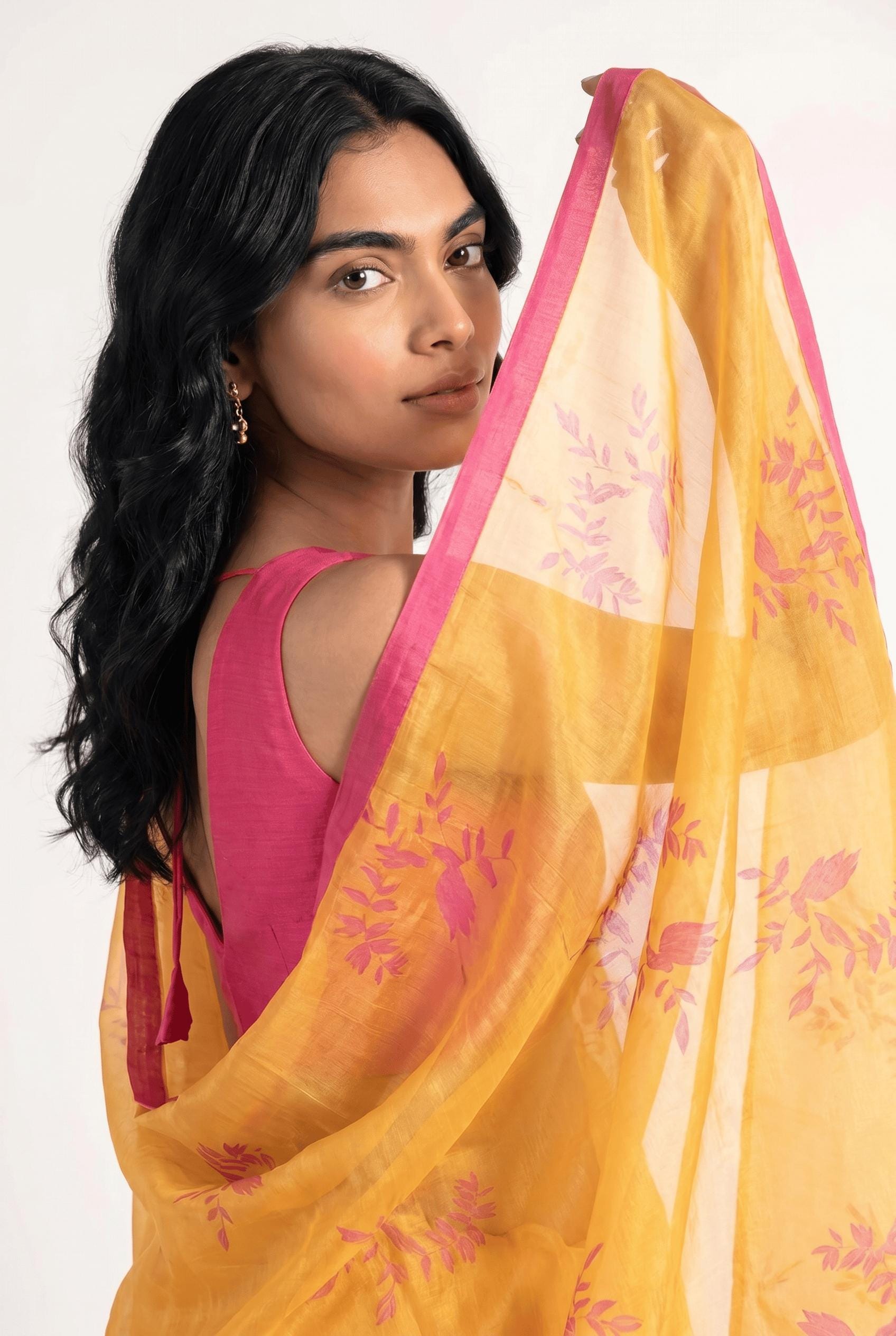 Organza Edit Saree Saree Summer Yellow & Pink Tussar Organza Saree
