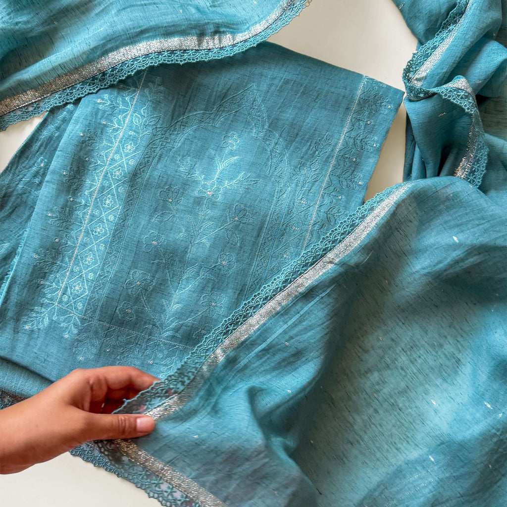 Paro Unstitched Suit Unstitched Suit Classic Denim Linen Suit Set