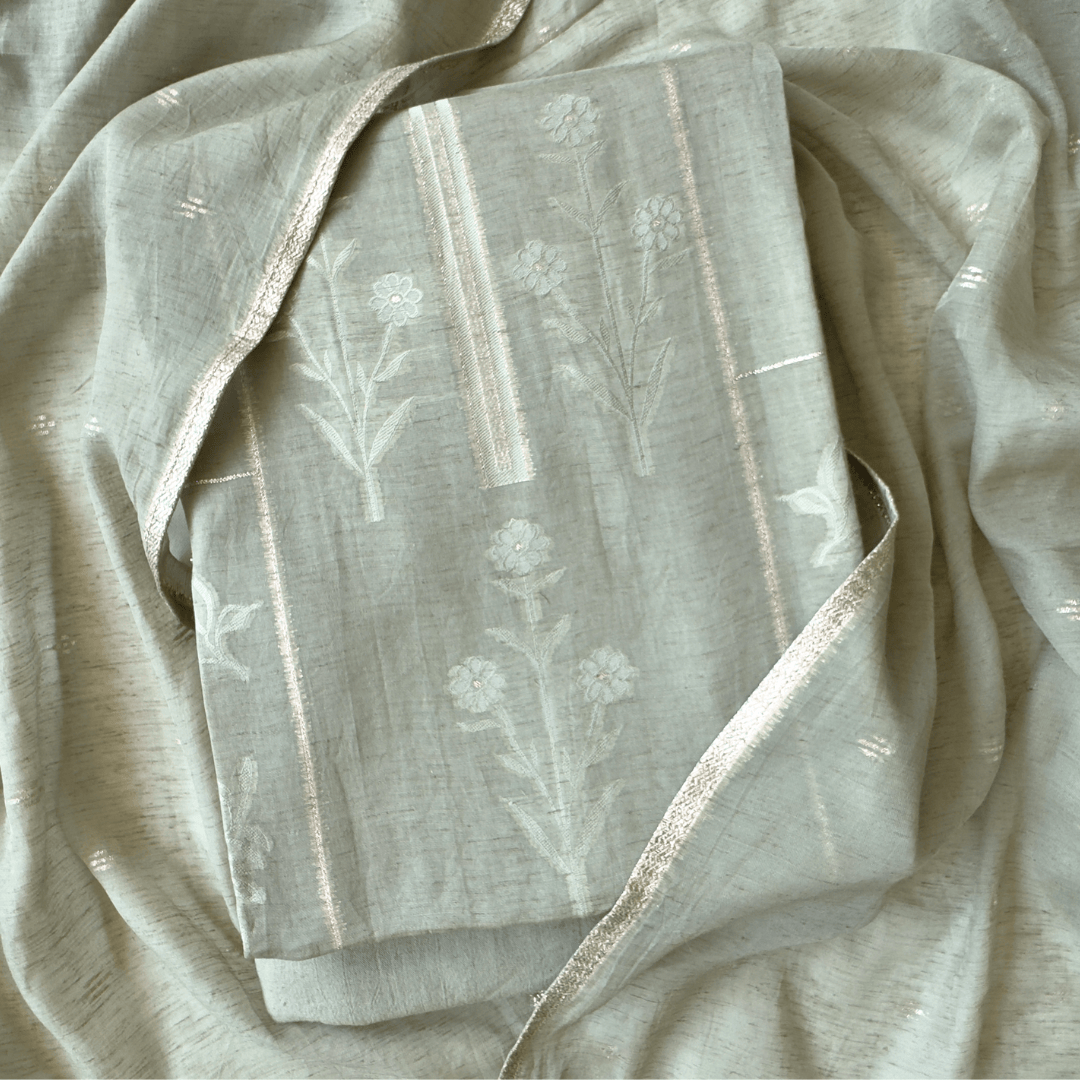 Paro Unstitched Suit Unstitched Suit Dusty Green Paro Meadow Blooms Woven Pure Linen Unstitched Suit Set