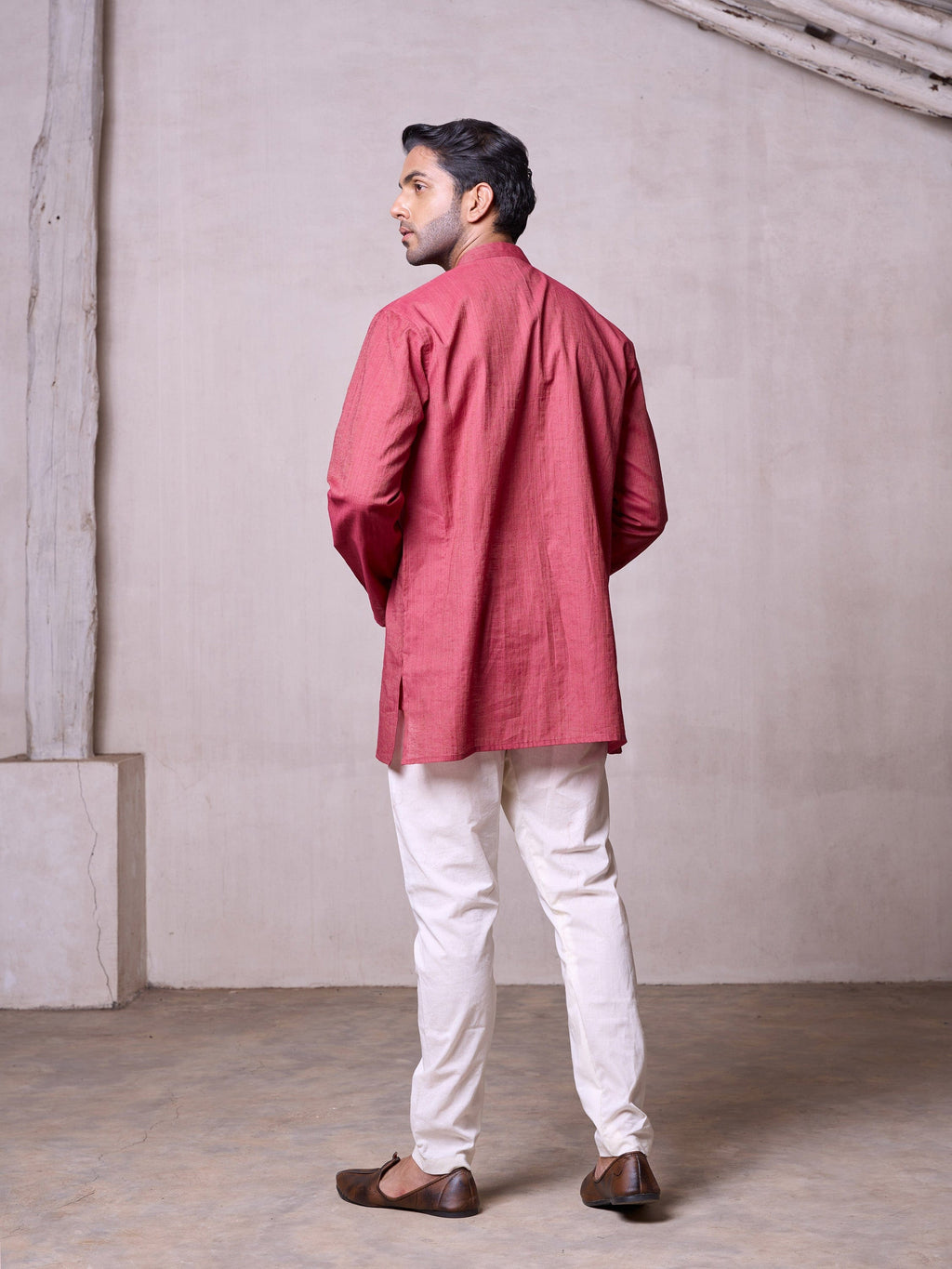 Plain Short Stitched Kurta Men's Stitched Short Kurta Men's Dull Red Silk Linen Short Kurta