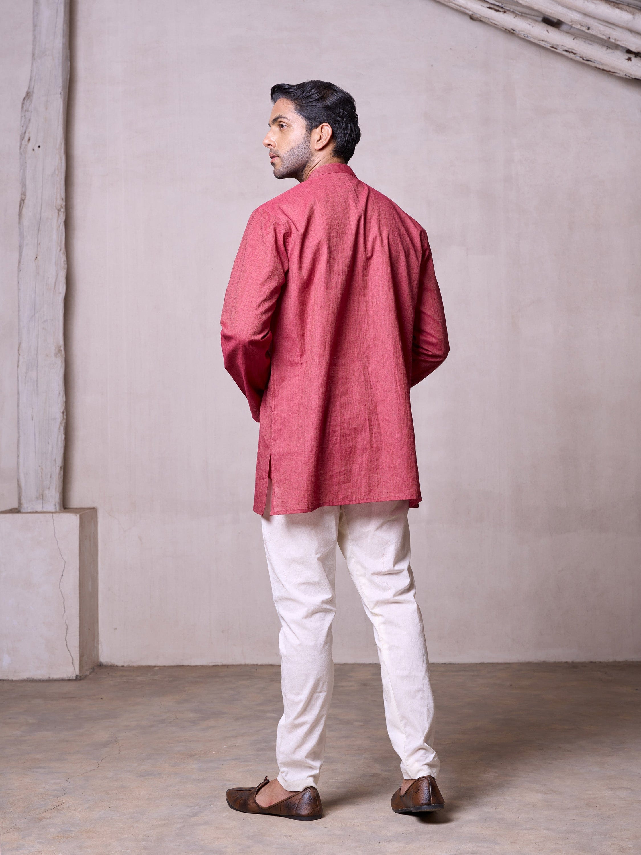 Plain Short Stitched Kurta Men's Stitched Short Kurta Men's Dull Red Silk Linen Short Kurta