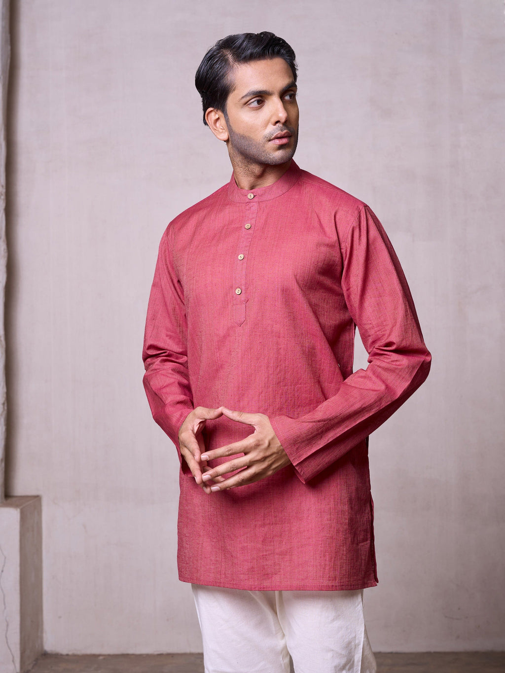 Plain Short Stitched Kurta Men's Stitched Short Kurta Men's Dull Red Silk Linen Short Kurta