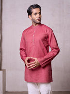 Plain Short Stitched Kurta Men's Stitched Short Kurta Men's Dull Red Silk Linen Short Kurta
