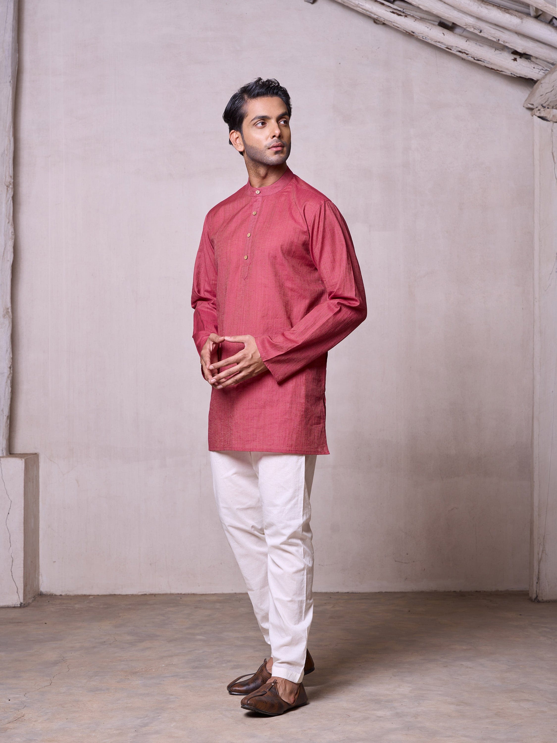 Plain Short Stitched Kurta Men's Stitched Short Kurta Men's Dull Red Silk Linen Short Kurta