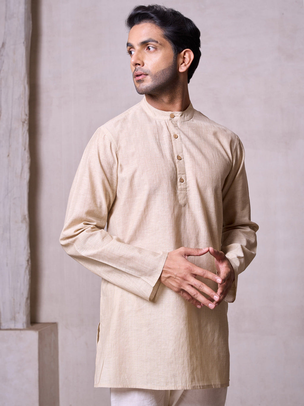 Plain Short Stitched Kurta Men's Stitched Short Kurta Men's Khaki Silk Linen Short Kurta